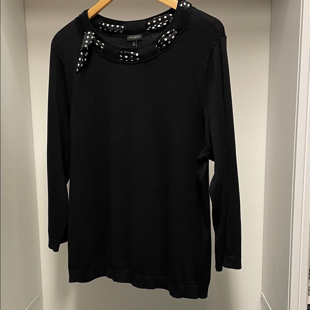 Talbots Black Top with Polka Dot Silk Scarf Trim Lightweight Sweater Size XL